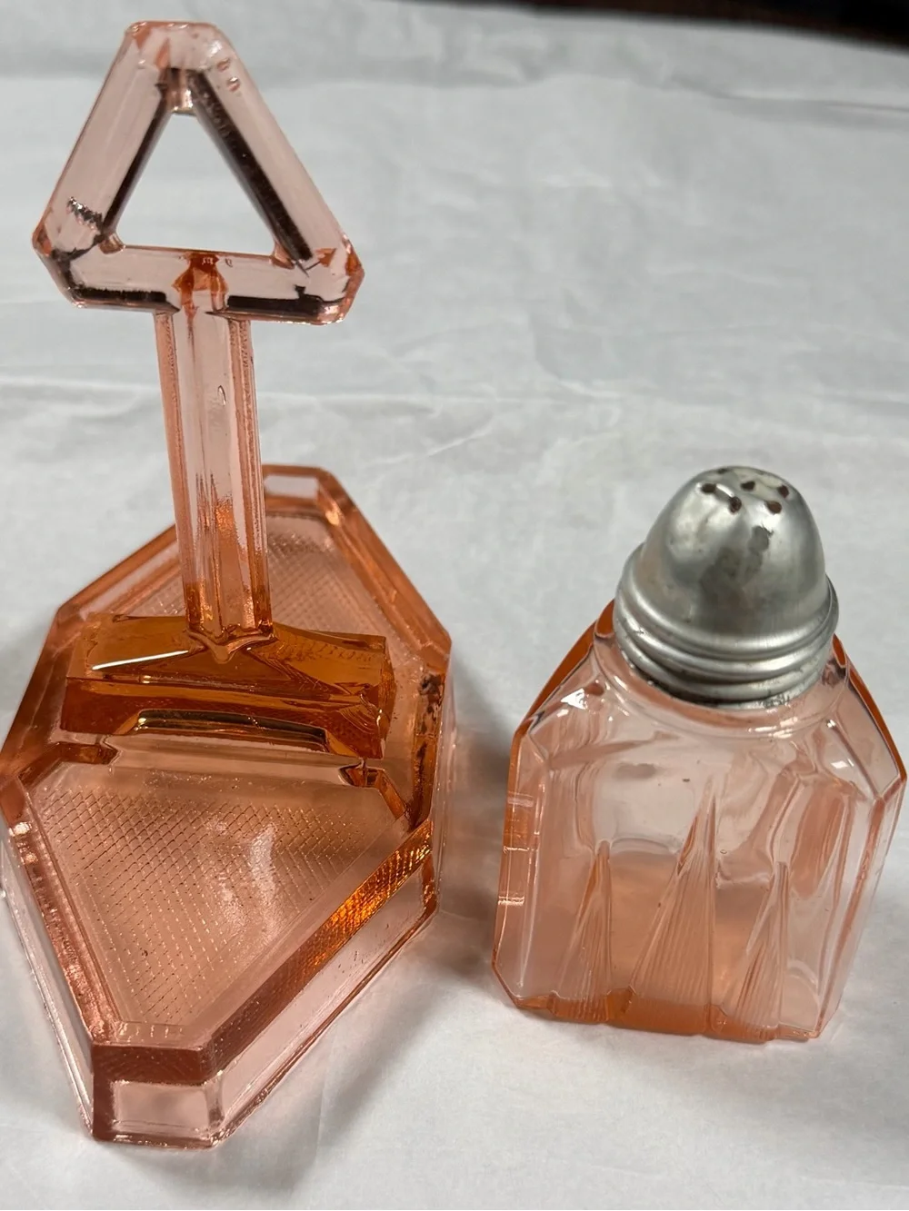 Vintage Pink Depression Glass Condiment Caddy Stand & Single Shaker Art Deco